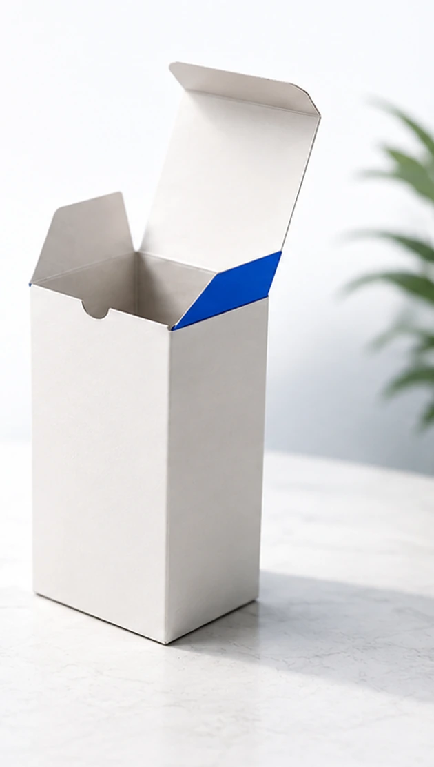 Astuccio bianco aperto con dettaglio blu